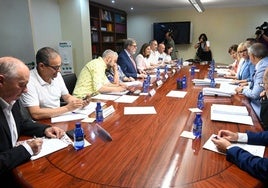 Leticia García, consejera de Industria, Comercio y Empleo, a la derecha en el centro de la mesa, durante la primera reunión con sindicatos y patronal.