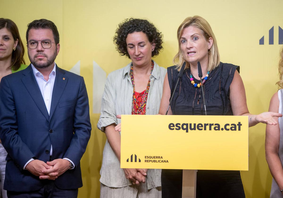 La portavoz de ERC, Raquel Sans, durante la rueda de prensa, ayer en la sede del partido.