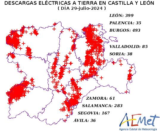 Mapa de los rayos caídos anoche en Castilla y León facilitado por la Aemet.