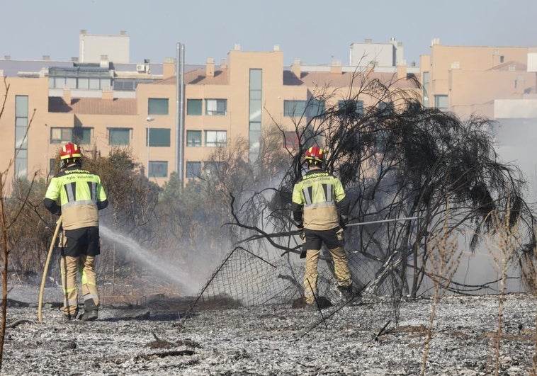 Los bomberos apagan el incendio en Pinar de Jalón.