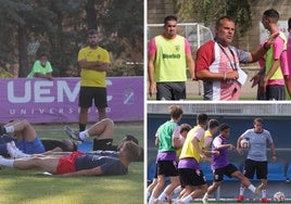 A la izquierda, los jugadores del Becerril se ejercitan en la primera sesión. Arriba a la derecha, el entrenador del Palencia Cristo, Chuchi Macón, da instrucciones en el primer entrenamiento. Abajo, el Palencia CF en plena pretemporada.