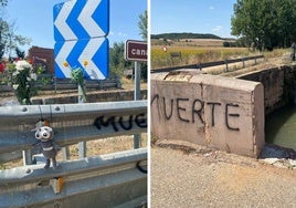 Biondas y señales, con flores y un peluche en el lugar del accidente. A la derecha, vecino puente sobre el Canal de Castilla, en Zarzosa del Río Pisuerga.