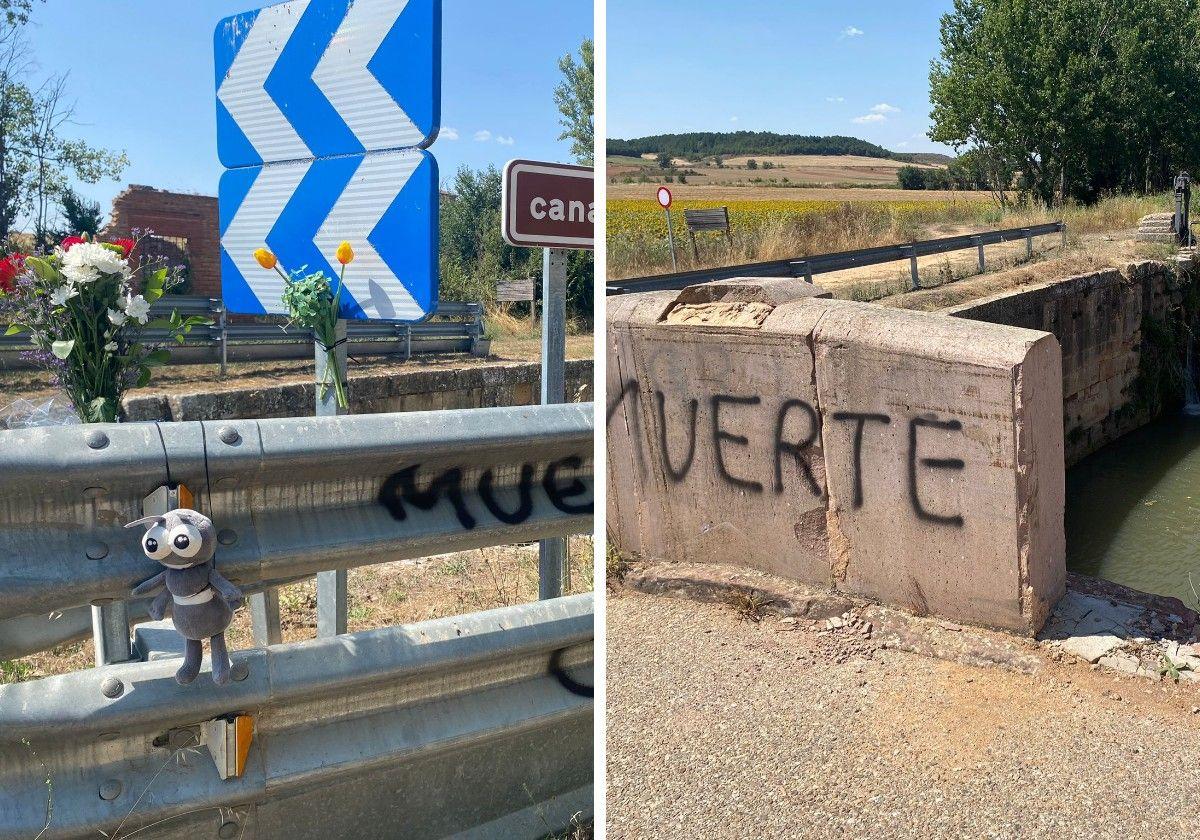 Biondas y señales, con flores y un peluche en el lugar del accidente. A la derecha, vecino puente sobre el Canal de Castilla, en Zarzosa del Río Pisuerga.