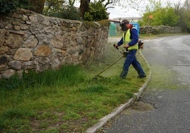 Un jardinero trabaja en un pueblo de la provincia segoviana.