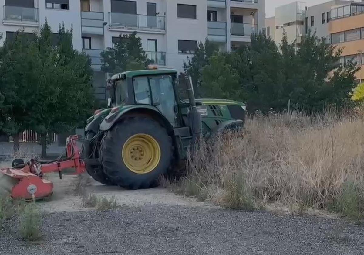 Labores de desbroce con un tractor este sábado en Pinar de Jalón.