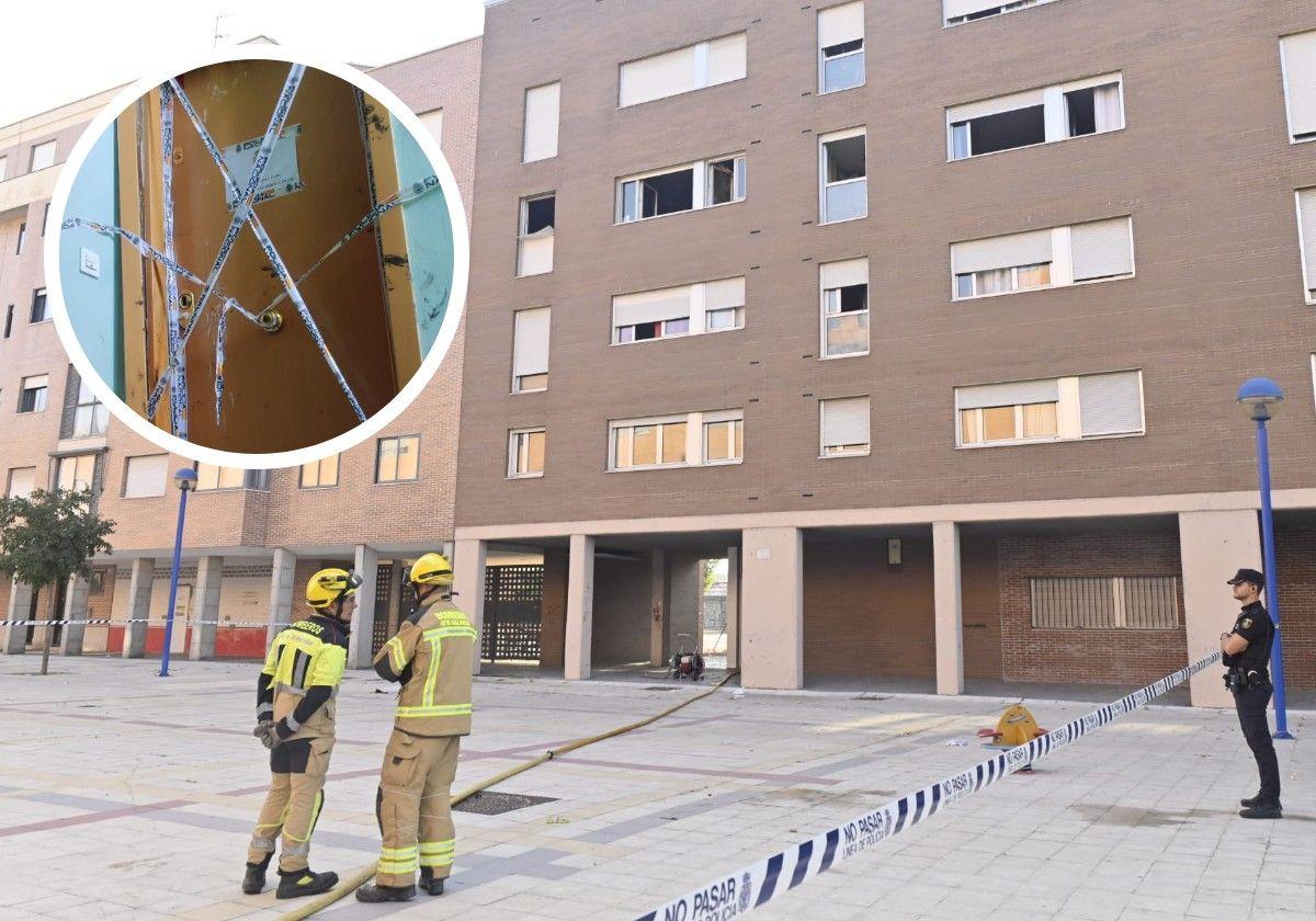 Bomberos y Policía Nacional, a primera hora de este lunes en la calle Sisón. En el círculo, precinto policial en la vivienda donde se ha hallado el cadáver de la mujer.