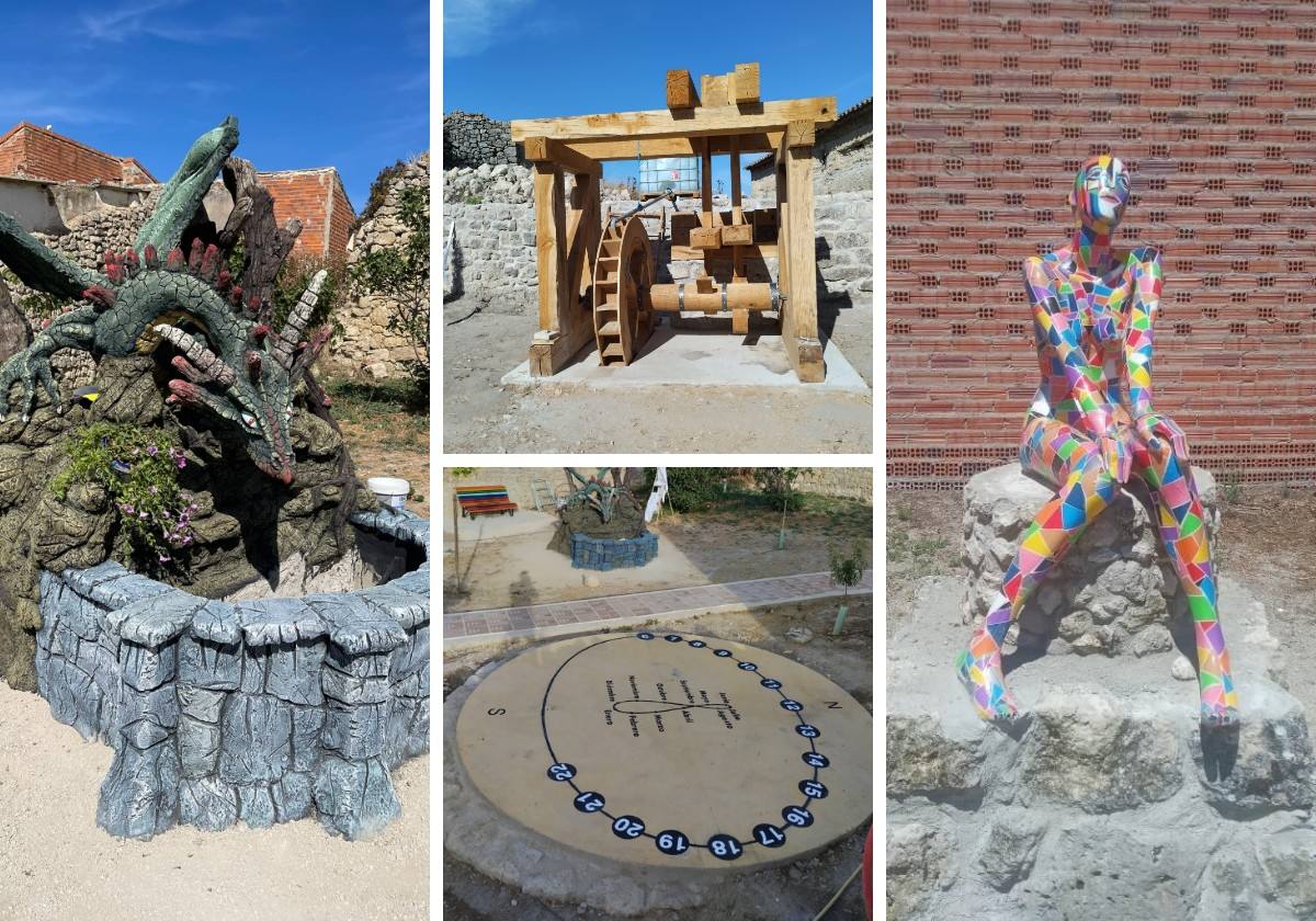 Fuente del dragón, batán municipal, reloj de sol y escultura que fusiona cubismo y modernismo.