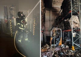 A la izquierda, un bombero trata de apagar el incendio. A la derecha, la carretilla en la que se sospecha que se pudo originar el cortocircuito junto al vino arruinado por el fuego.