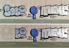 Arriba, el grafiti el pasado viernes. Debajo, estado actual de la pintada, después de iniciar su limpieza.