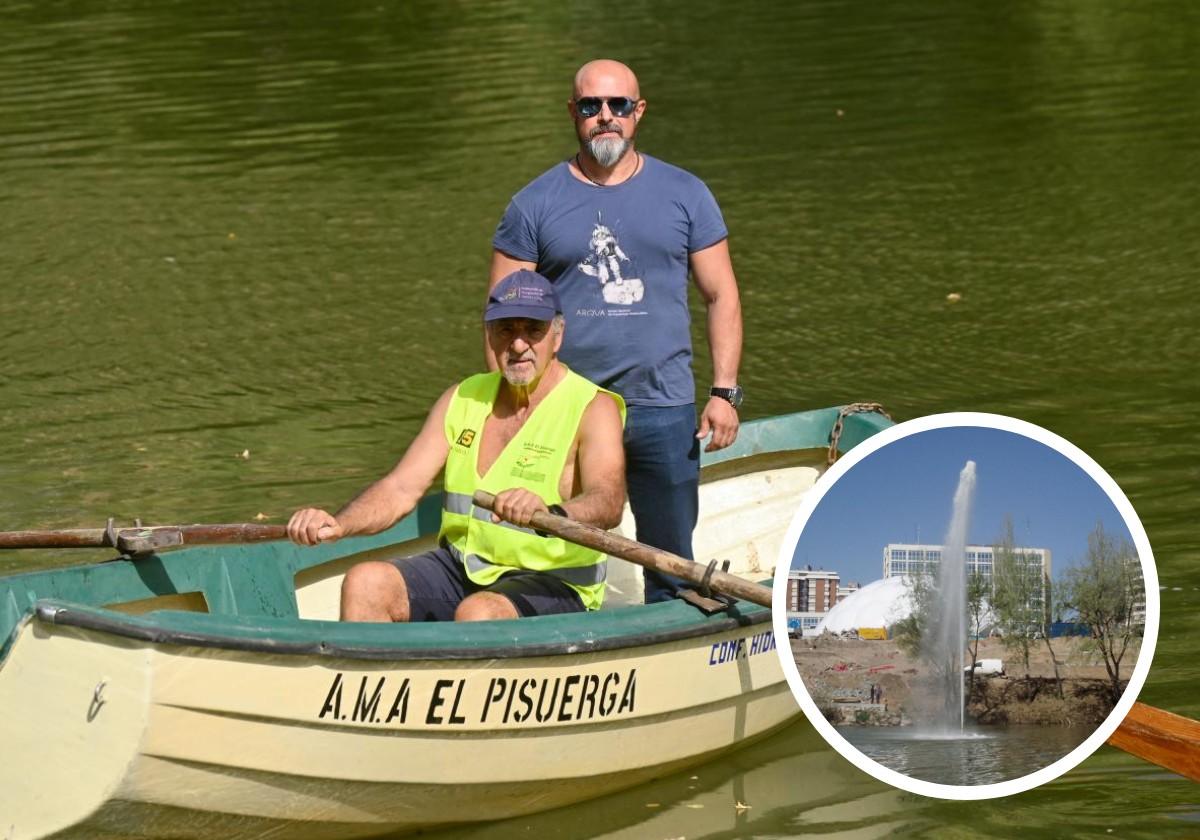 Juan Antonio Crespo, presidente de la asociación Ama Pisuerga, junto a Javier Marqués, el buzo que realizó las inmersiones en busca del géiser desaparecido en el Pisuerga. En el detalle, el géiser del Pisuerga