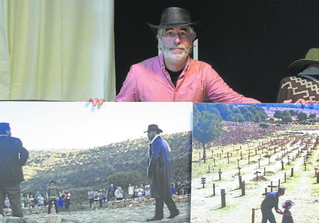 Sergio García, de la Asociación Sad Hill con carteles del cementerio de 'El bueno, el feo y el malo' reconstruido en Santo Domingo de Silos. J Herreras