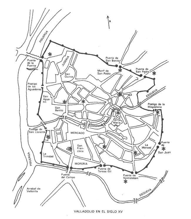Valladolid en el siglo XV. según Adeline Rucquoi. La judería se encuentra junto al Puente Mayor.