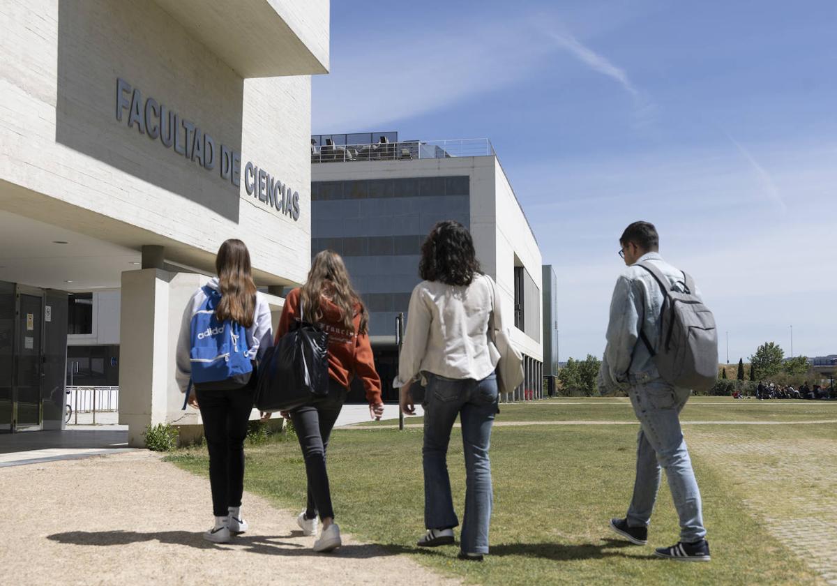 Varios alumnos de la facultad de Ciencias se encaminan hacia el edificio de la Universidad de Valladolid.