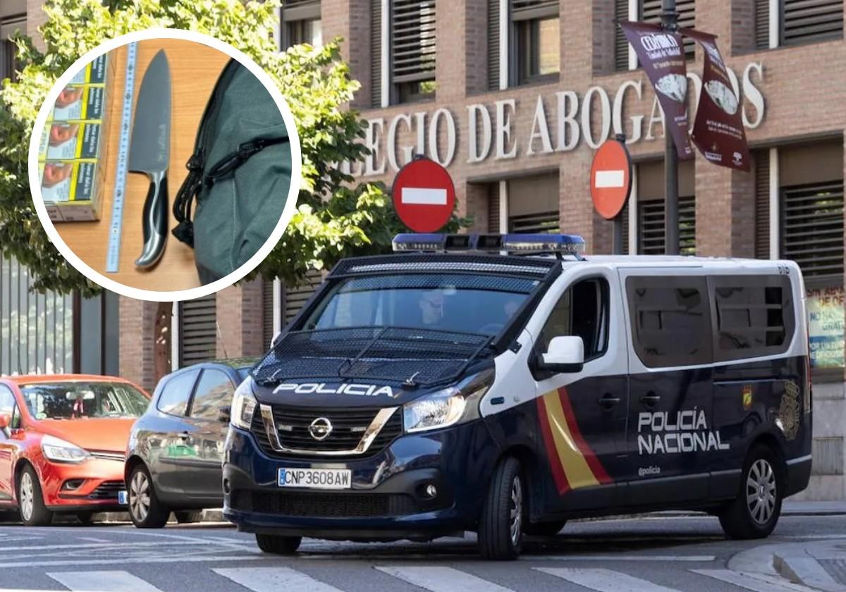 Furgón de la Policía Nacional junto a los Juzgados de Angustias y detalle del cuchillo intervenido al menor.