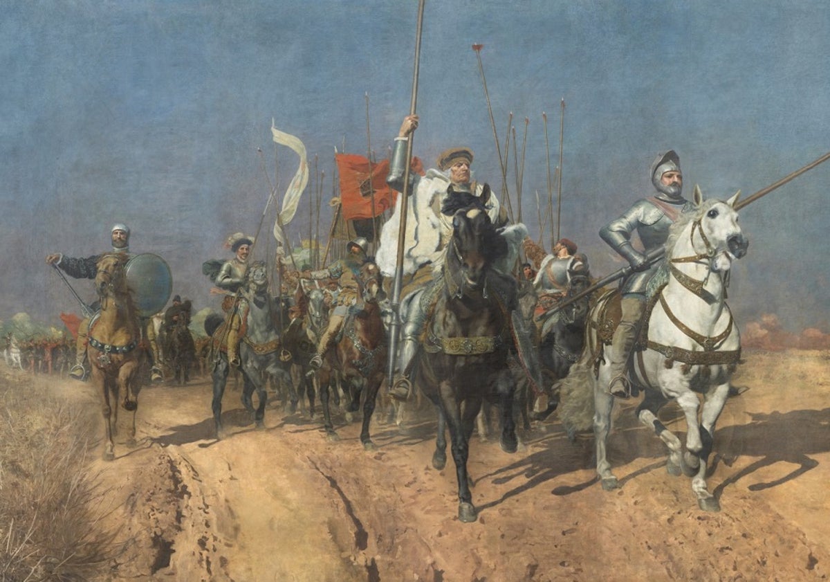 Imagen principal - Arriba, cuadro de Juan Planella que representa a los comuneros, liderados por Padilla, saliendo de Valladolid. Abajo, fotografía antigua de La Seca con la iglesia de La Asunción al fondo, y copia de la carta de los capitanes comuneros.