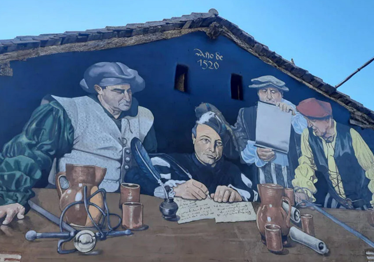 Mural gigante, obra de Carlos Adeva, que recrea aquella firma histórica en La Seca en septiembre de 1520.