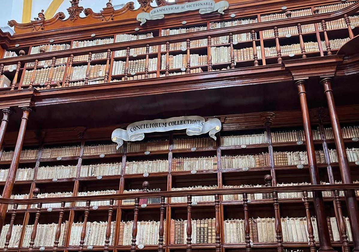 Imagen principal - Estanterías de la biblioteca palafoxiana. El suelo de azulejos, una de las diferencias con la vallisoletana, y la virgen de Trapani. 