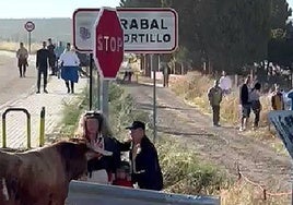 El toro, a tan solo unos centímetros de un tres personas, una de ellas menor, el encierro de Arrabal.