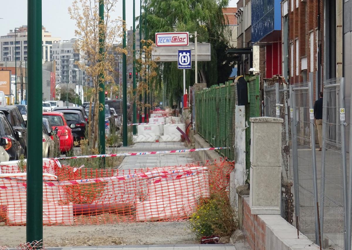 Imagen secundaria 1 - Arriba, los operarios trabajan en el tramo final de la avenida de El Norte de Castilla que ocupaba el fallido proyecto Indnatur. Debajo, a la izquierda, tramos de la acera ya adoquinada cortados. A la derecha, malas hierbas y hojas secas en los parterres.