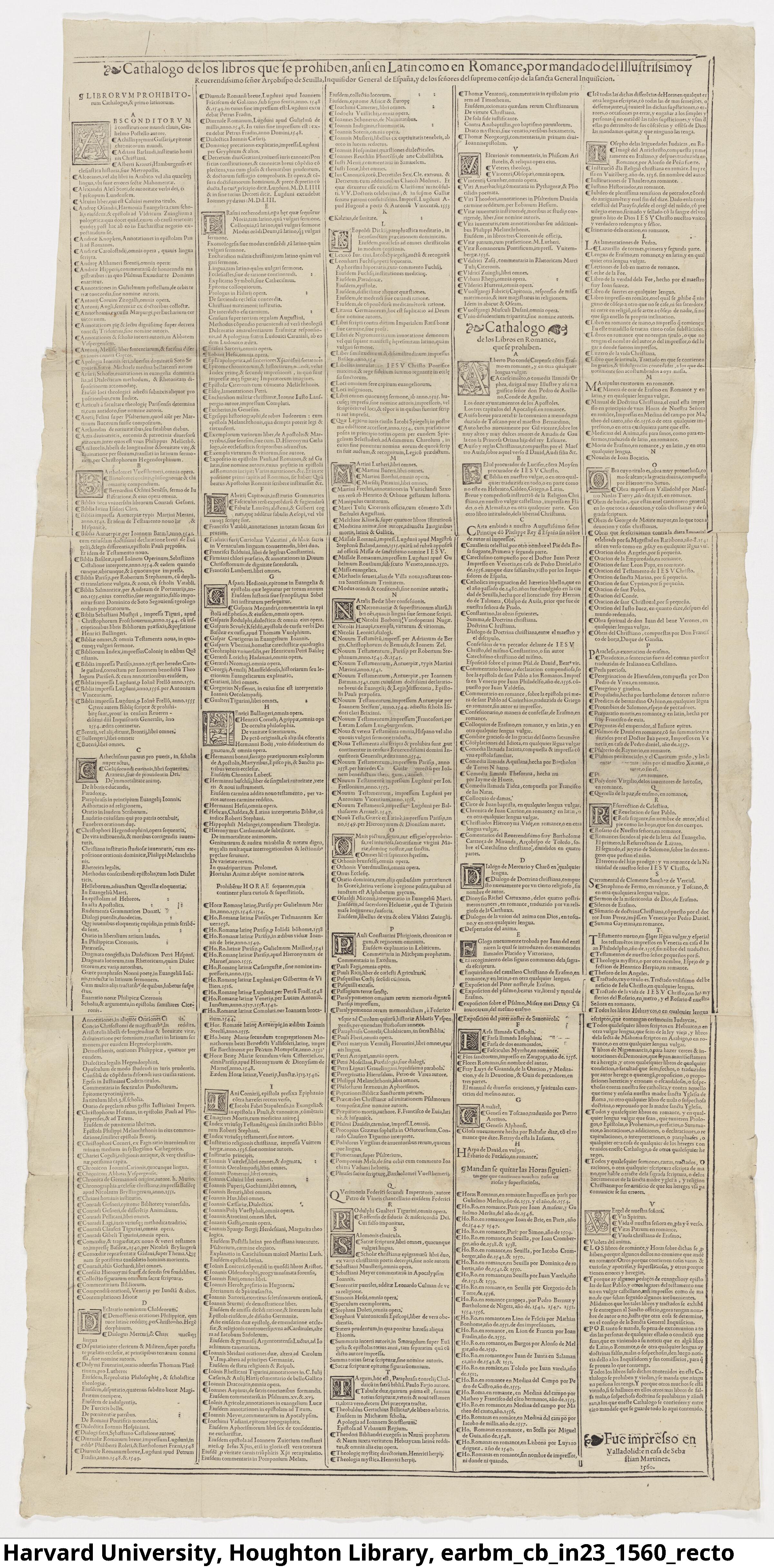 Catálogos de los libros prohibidos por la Inquisición elaborado en 1560 y conservado en la Biblioteca Houghton de la Universidad de Harvard.