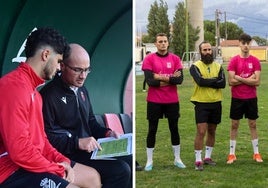 El ténico del Laguna, Jaime González, explica una jugada a Ángel Esteban. A la derecha, último entrenamiento del Mojados.