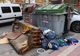 Sofá destripado junto a un contenedor en la calle Pelícano.