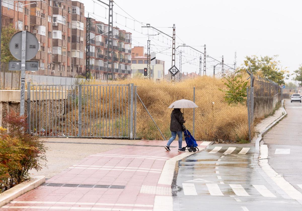 Punto en el que el ensanche de la acera y el carril bici ganados en la calle Salud, junto a Rafael Cano, se corta. Esa es la anchura que se ganaría al lecho ferroviario.