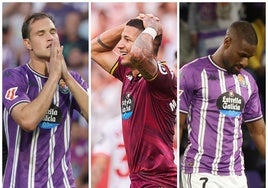 Juanmi Latasa, Marcos André y Mamadou Sylla, se lamentan durante partidos de esta campaña con el Real Valladolid.