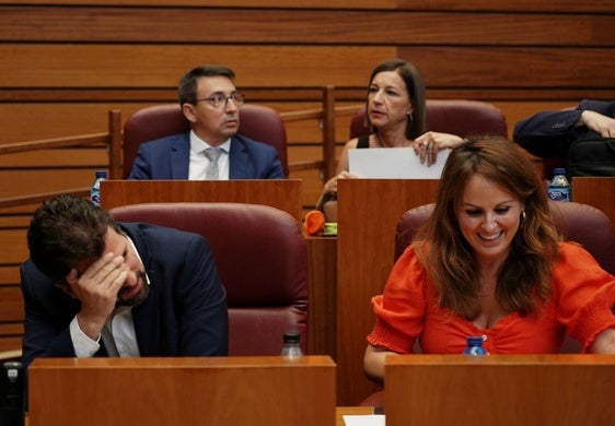 Luis Tudanca, junto a Patricia Gómez Urbán en el hemiciclo de las Cortes de Castilla y León.