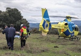 Equipo sanitario traslada al varón hacia el helicóptero.