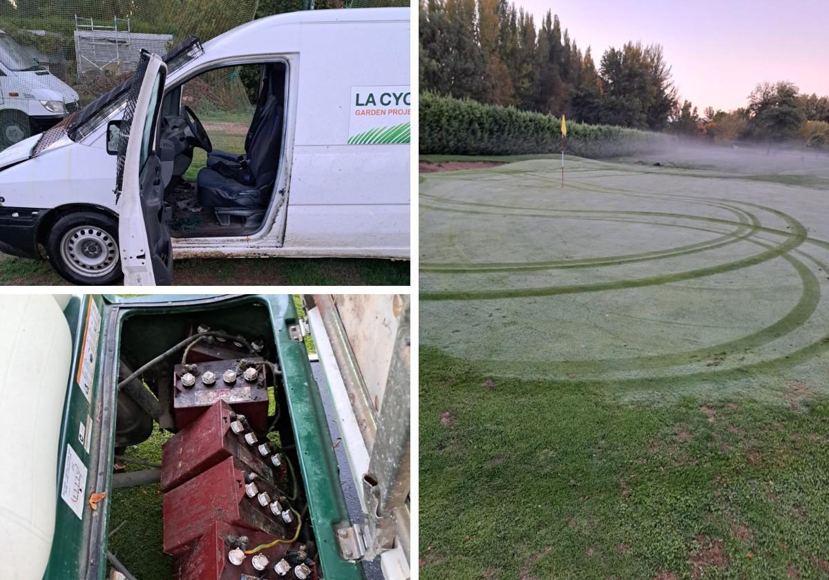 Destrozos en el césped, en la furgoneta de mantenimiento y en las baterías del buggy.