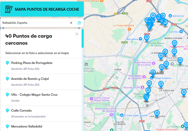 Puntos de recarga para vehículo eléctrico disponibles en el municipio de Valladolid y alrededores, según el mapa en línea de CarWow.