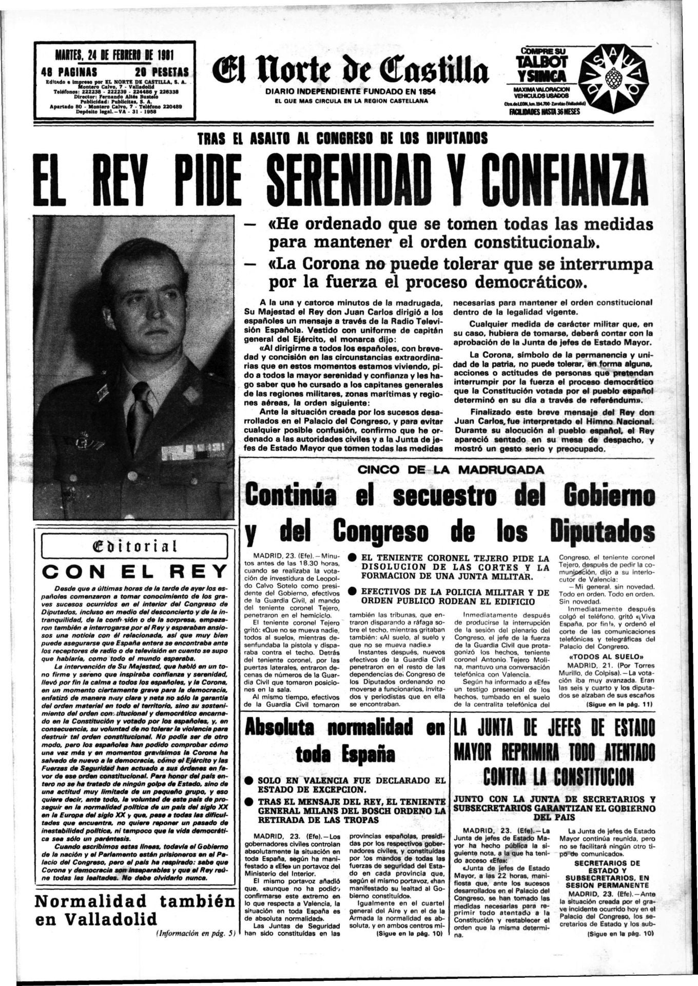 El Norte informa a sus lectores tras el golpe de estado conocido como 23F.