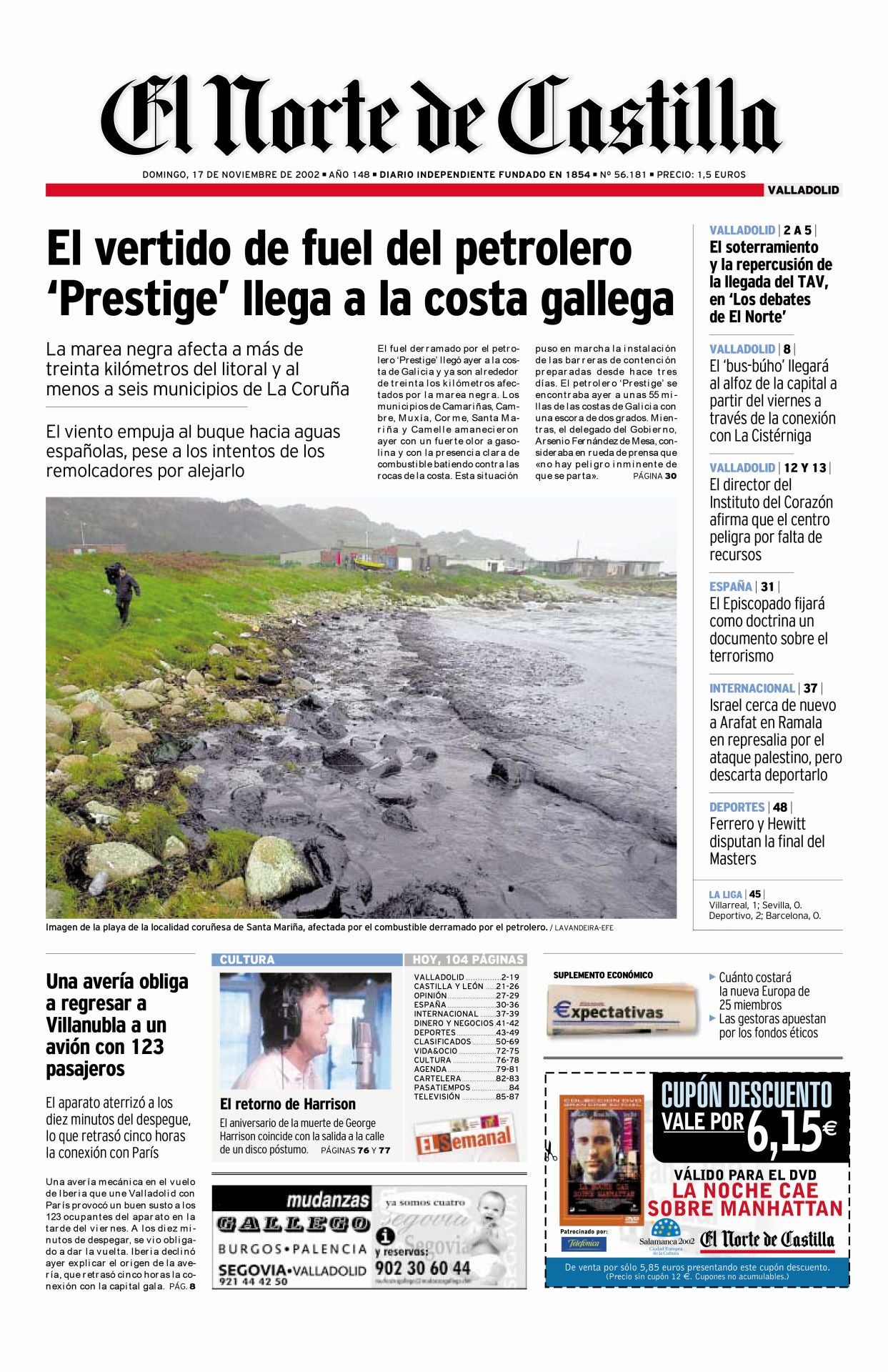 El Norte anuncia el desastre natural provocada por la llegada a la costa de Galicia del vertido del petrolero Prestige.