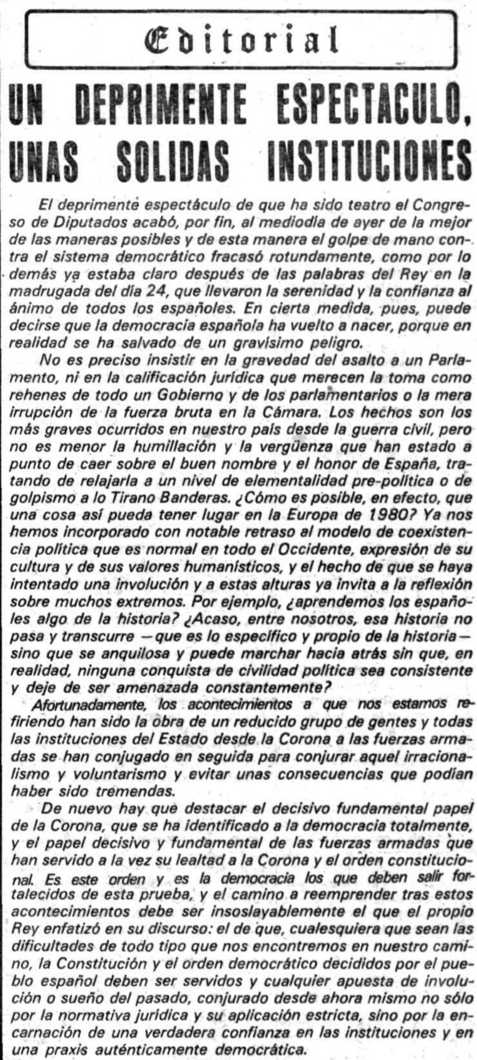 Editorial publicado el 25 de febrero de 1981, tras el intento de golpe de Estado del 23-F