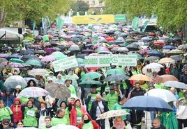 Miles de personas (con sus paraguas) salen desde el Campo Grande para participar en la Marcha contra el Cáncer.