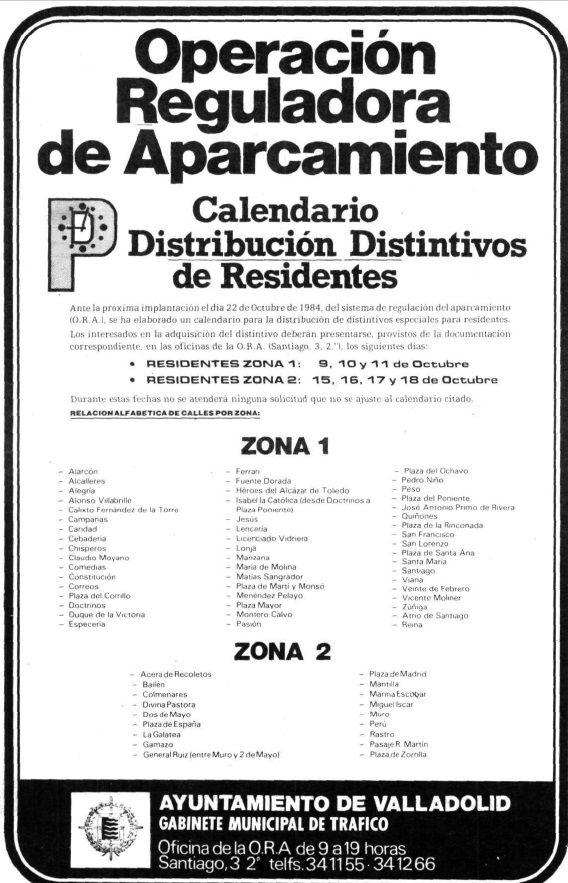 Anuncio publicado en El Norte de Castilla en 1984 sobre la próxima implantación de la ORA, con la calle Alonso Villabrille en el listado.