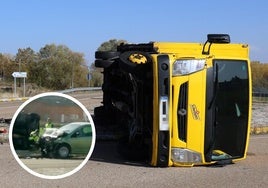 Estado en el que quedaron el camión y el turismo tras el accidente.