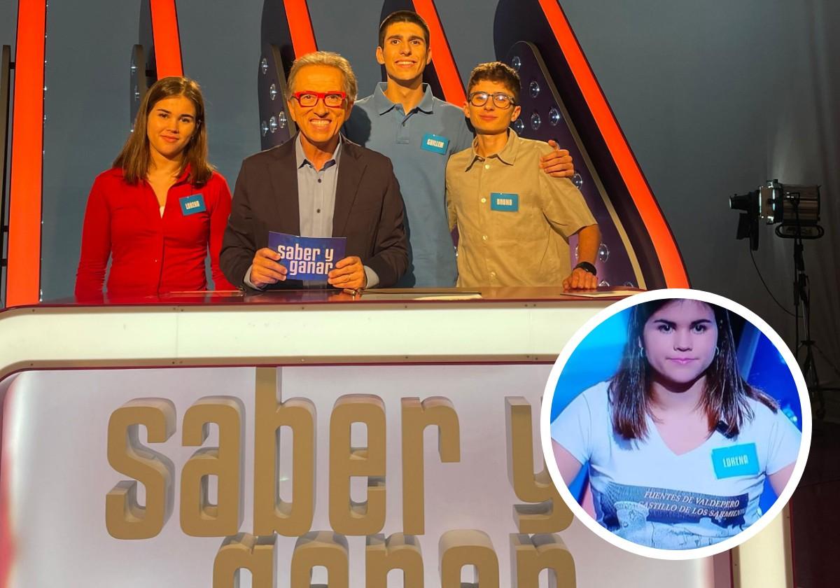 La palentina Lorena Gómez en el plató con Jordi Hurtado y los otros dos concursantes, Guillem Aparicio y Bruno Pérez. Detalle de la camiseta del Castillo de los Sarmiento que vistió.