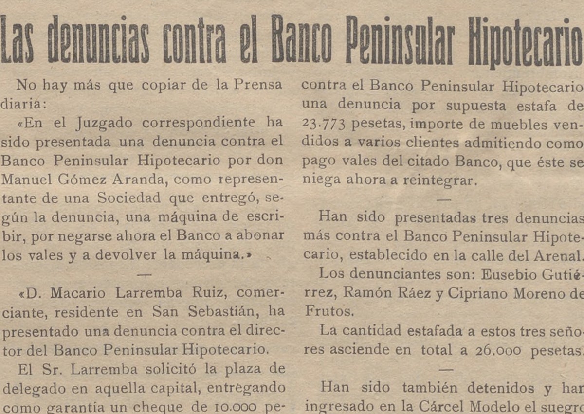 Imagen secundaria 1 - Arriba, empleados y comerciales del Banco Peninsular Hipotecario homenajean a su director, Gabriel Piñana, antes de estallar el escándalo. Abajo, noticia sobre el mismo y anuncio de 1923 en El Norte de Castilla. 