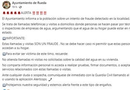 Comunicado difundido por el Ayuntamiento de Rueda para alertar de la estafa.