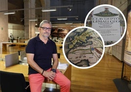 Eduardo Pedruelo, director del Archivo Municipal. En las imágenes de detalle, un mapa de Claudio Ptolomeo de la obra 'Geographicae', de 1525.