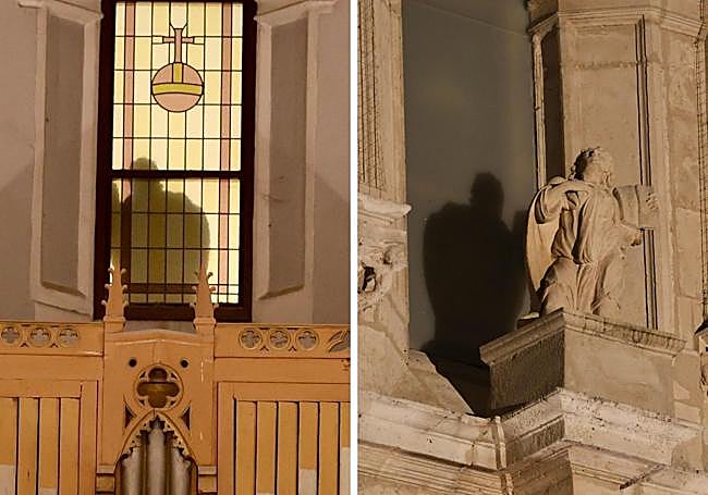 La sombra que se proyecta en el interior del templo y la talla del apóstol San Juan, en el exterior.