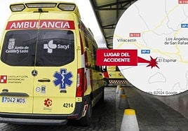 Una ambulancia como la enviada al accidente y la zona en la que se ha producido el siniestro de este miércoles en El Espinar.