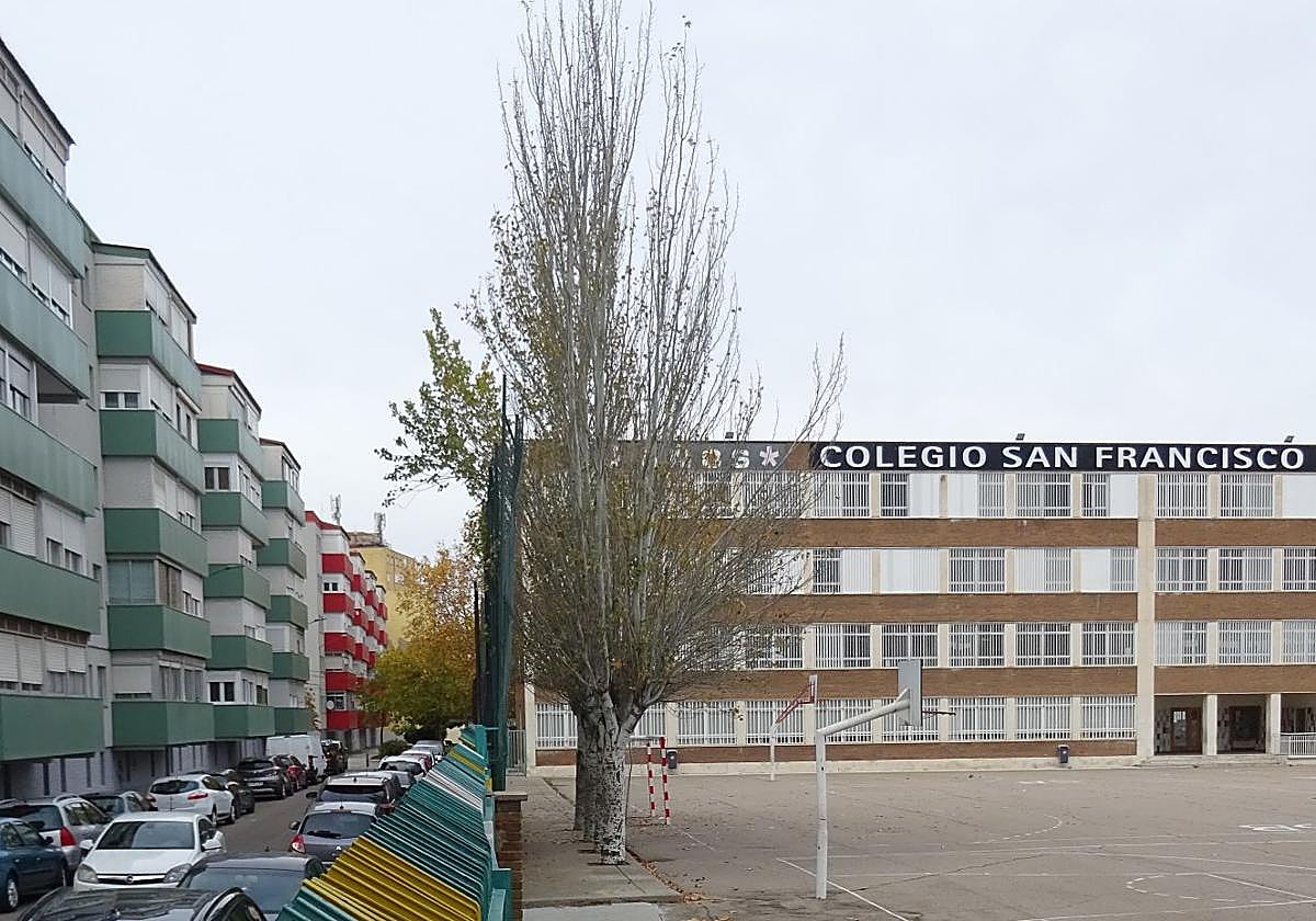 El chopo, en primer término, del patio del colegio San Francisco de Asís que será talado.