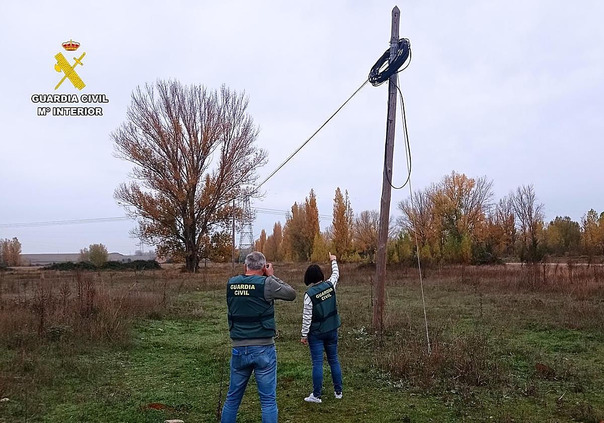 Uno de los postes de tendido telefónico que sufrió el robo de cable.