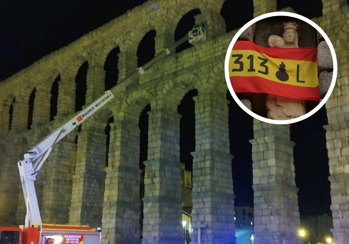 Los bomberos despliegan la escala para colocar la bandera, en el círculo, la insignia ya puesta en la Virgen del Acueducto de Segovia.