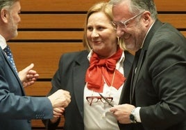 Dori recibe la felicitación de Francisco Vázquez (PP) y Carlos Pollán (Vox), mientras aplaude Ana Sánchez (PSOE).