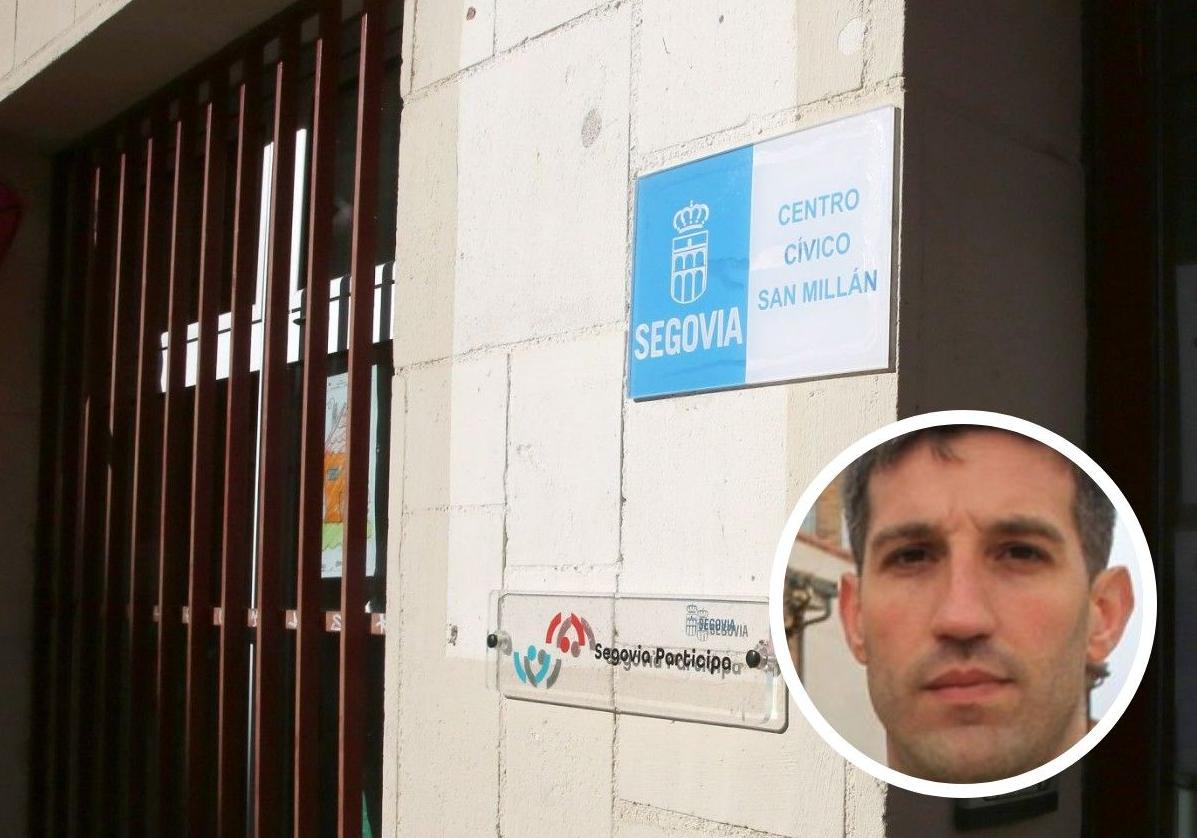 Entrada al centro cívico de San Millán, donde la asociación comparte espacio con otras entidades, y en el círculo, Javier Gómez, de la directiva vecinal.