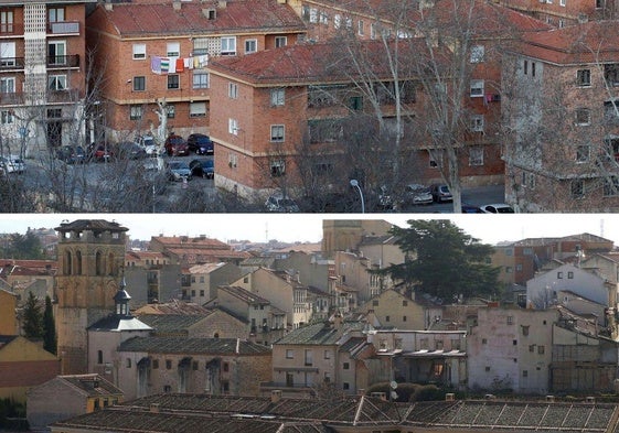 Arriba, algunos bloques de inmuebles del barrio de San Millán; y abajo, vista panorámica de una parte de El Salvador.